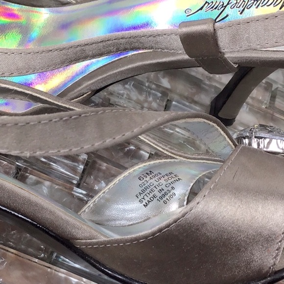 JACQUELINE FERRAR ‘Encore’ Taupe Satin Crystal Embellished Slingback Heels - Picture 4 of 9